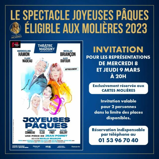 à vos Cartes Molières ✨️

@gwendol @nicolasbriancon @clairenadeauoff
@alicedufour @combeaumuriel @pascalelso
@dominique_frot @marcantoinecoulon
@theatre_marigny @theatrestr
@fimalac_entertainment @artsliveentertainment
@richardcaillat_prod @adrisantini2112 @joyeusespaques_marigny

#joyeusespaquesmarigny #joyeusespaques
#theatremarigny #jeanpoiret #nicolasbriançon
#comedie #theatreparisien #theatreparis #sortieaparis
#spectacle #art #culture #theatre