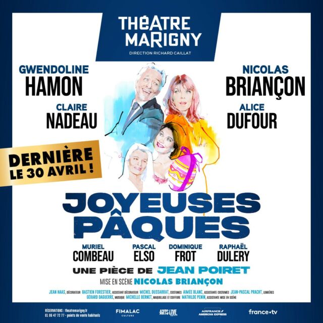 🚨 Dernière chance pour assister à la comédie JOYEUSES PÂQUES, au Théâtre Marigny jusqu’au 30 avril prochain !
Pensez à réserver vos places (lien en bio) 🎫

Avec @gwendol, @nicolasbriancon, @clairenadeauoff, @alicedufour, @combeaumuriel, @pascalelso, @dominique_frot, @marcantoinecoulon, 
@theatresfr, @richardcaillat_prod, @adrisantini2112, @lfcommunication, @artsliveentertainment, @joyeusespaques_marigny 

#joyeusespaquesmarigny #joyeusespaques #theatremarigny #jeanpoiret #nicolasbriançon #comedie #theatreparisien
#theatreparis #sortieaparis #spectacle #art #culture #theatre