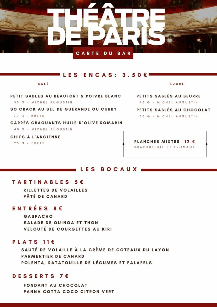 Carte du bar théâtre de Paris