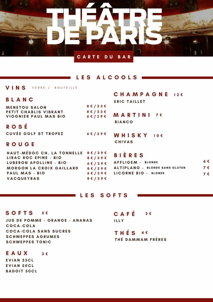 Carte du bar théâtre de Paris